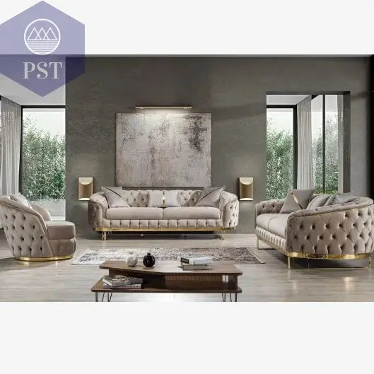 Luxus Sofa Set mit Edelstahl und Samtbezug - PS Tradings Sofa Set 1-2-3-Sofa-Set-White PS Tradings