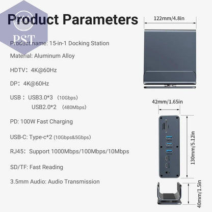 15 in 1 USB-C Docking Station 4K HD Vertical Hub with Triple Monitor ,RJ45 1000M,USB 3.0/2.0,PD 3.0,Sd/Tf,Audio 3.5       PST PS Tradings