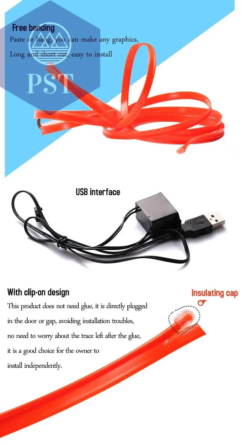 5m Car Interior Accessories Atmosphere Lamp EL Cold Light Line With USB DIY Decorative Dashboard Console Auto LED Ambient Lights - PST PS Tradings