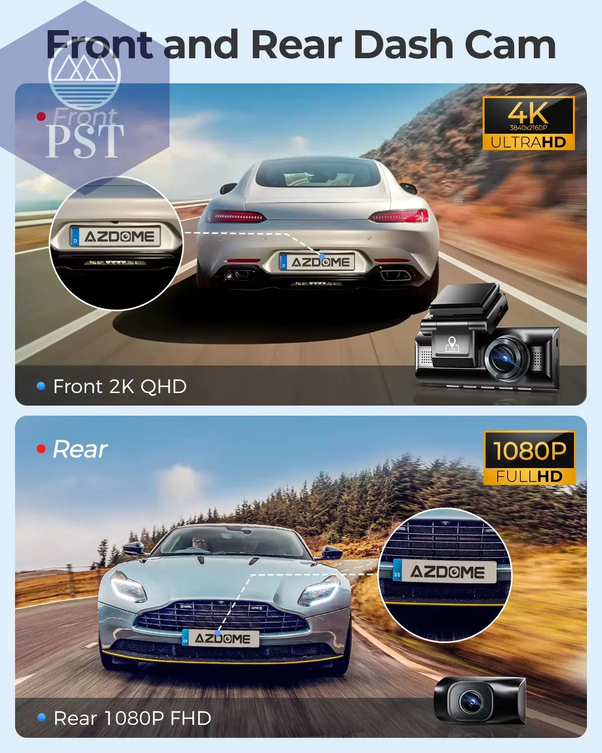 Azdome Dash Cam 4K+1080 3.18'' GPS APP Control Car IR Night Vision 24H Parking Support 3 Cam Rear Cam WIFI       PST PS Tradings