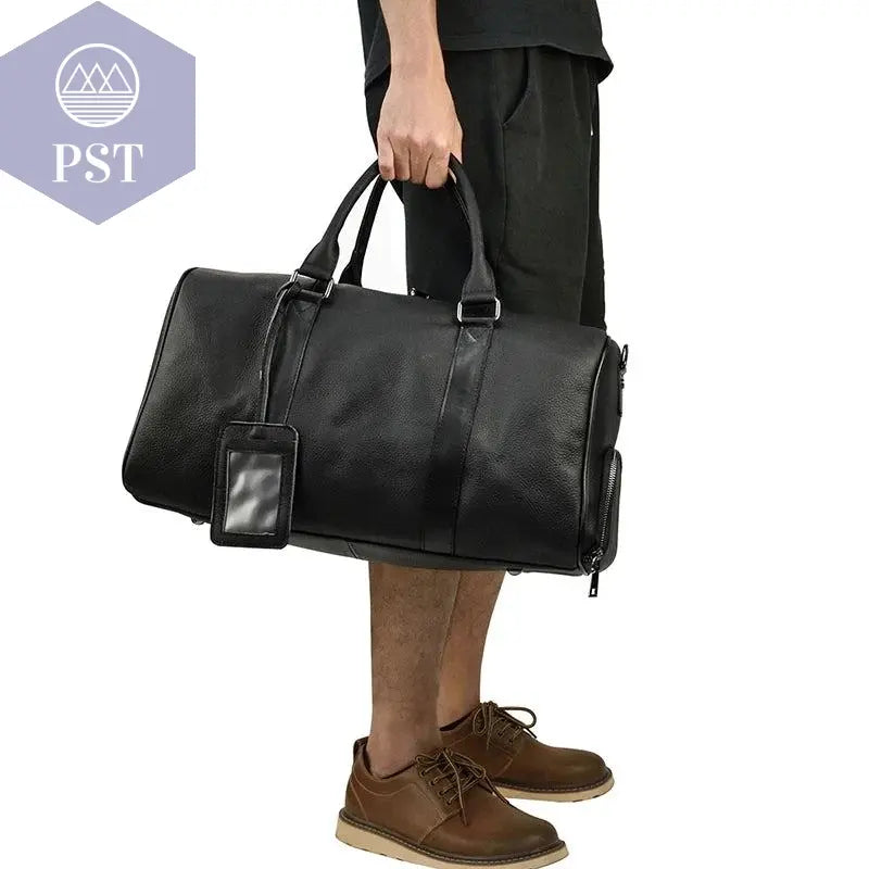 Big Capacity Genuine Leather Travel Bag For Men Women Soft Black Cowhide Casual Travel Duffel Large Luggage Weekend Shoulder Bag - PST PS Tradings  PST PS Tradings