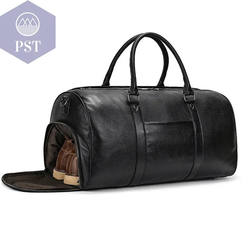 Big Capacity Genuine Leather Travel Bag For Men Women Soft Black Cowhide Casual Travel Duffel Large Luggage Weekend Shoulder Bag - PST PS Tradings  PST PS Tradings