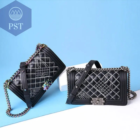 Leather one-shoulder diagonal colorful chain bag  Handtasche bag Shopper     PST PS Tradings