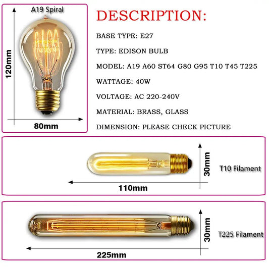 Retro Edison Light Bulb E27 220V 40W ST64 G80 G95 T10 T45 T185 A19 A60 Filament Incandescent Ampoule Bulbs Vintage Edison Lamp       PST PS Tradings